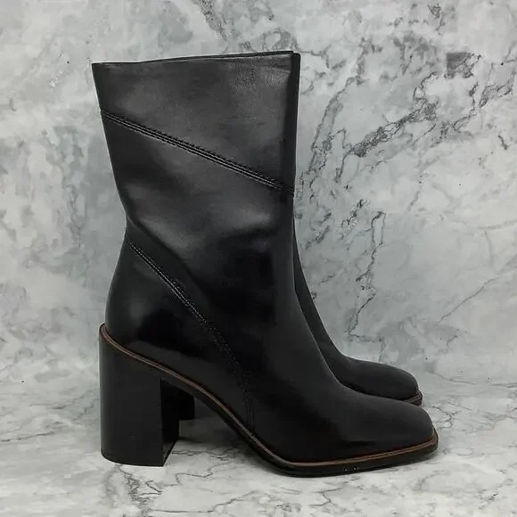 Franco Sarto 10M Black Leather Stevie Mid Calf Boot Square Toe Block Heel M29-14 - Picture 3 of 10